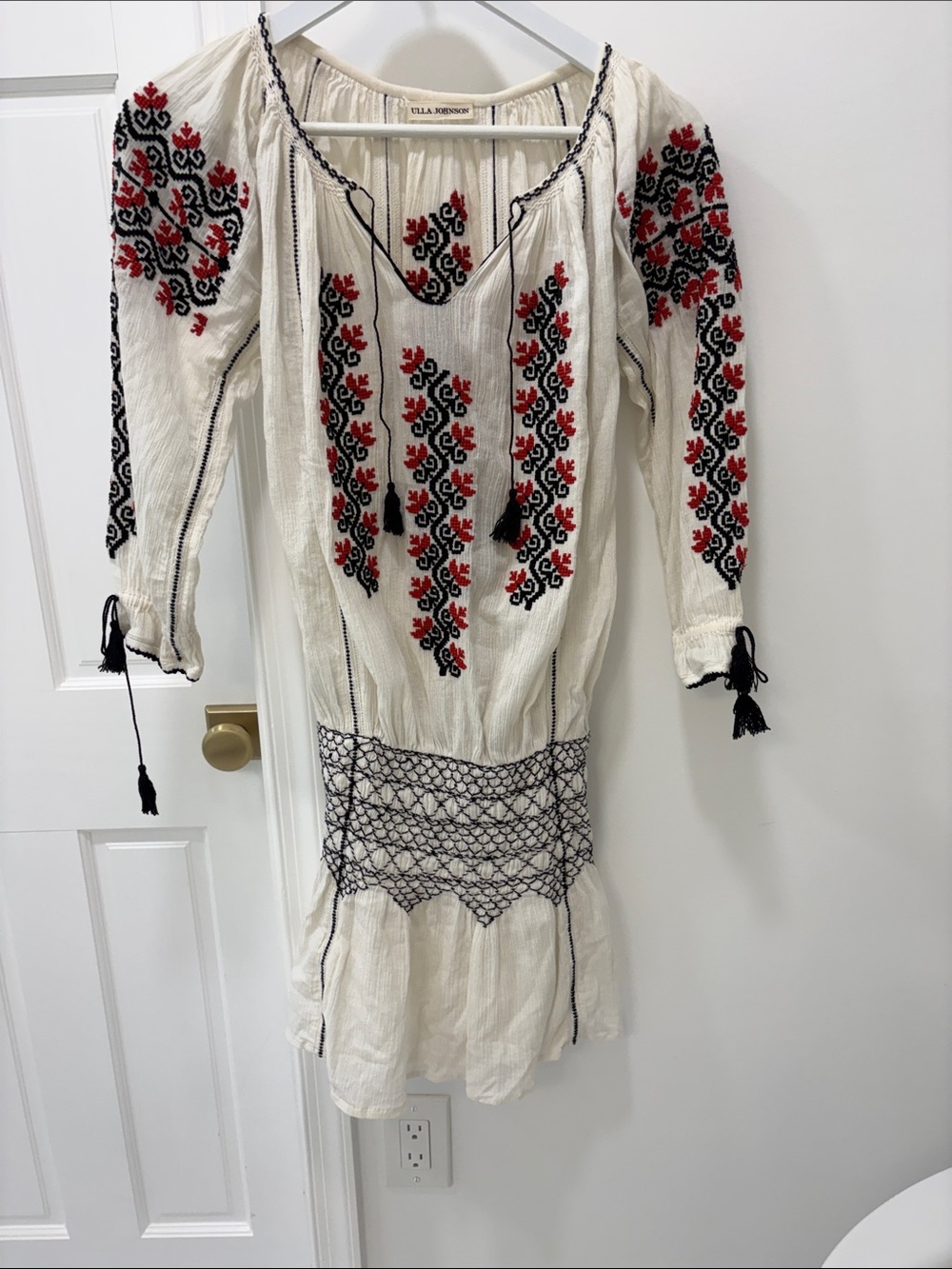 Ulla Johnson Cream Peasant mini drop waist dress with Red & Black Embroidery. - Picture 2 of 4